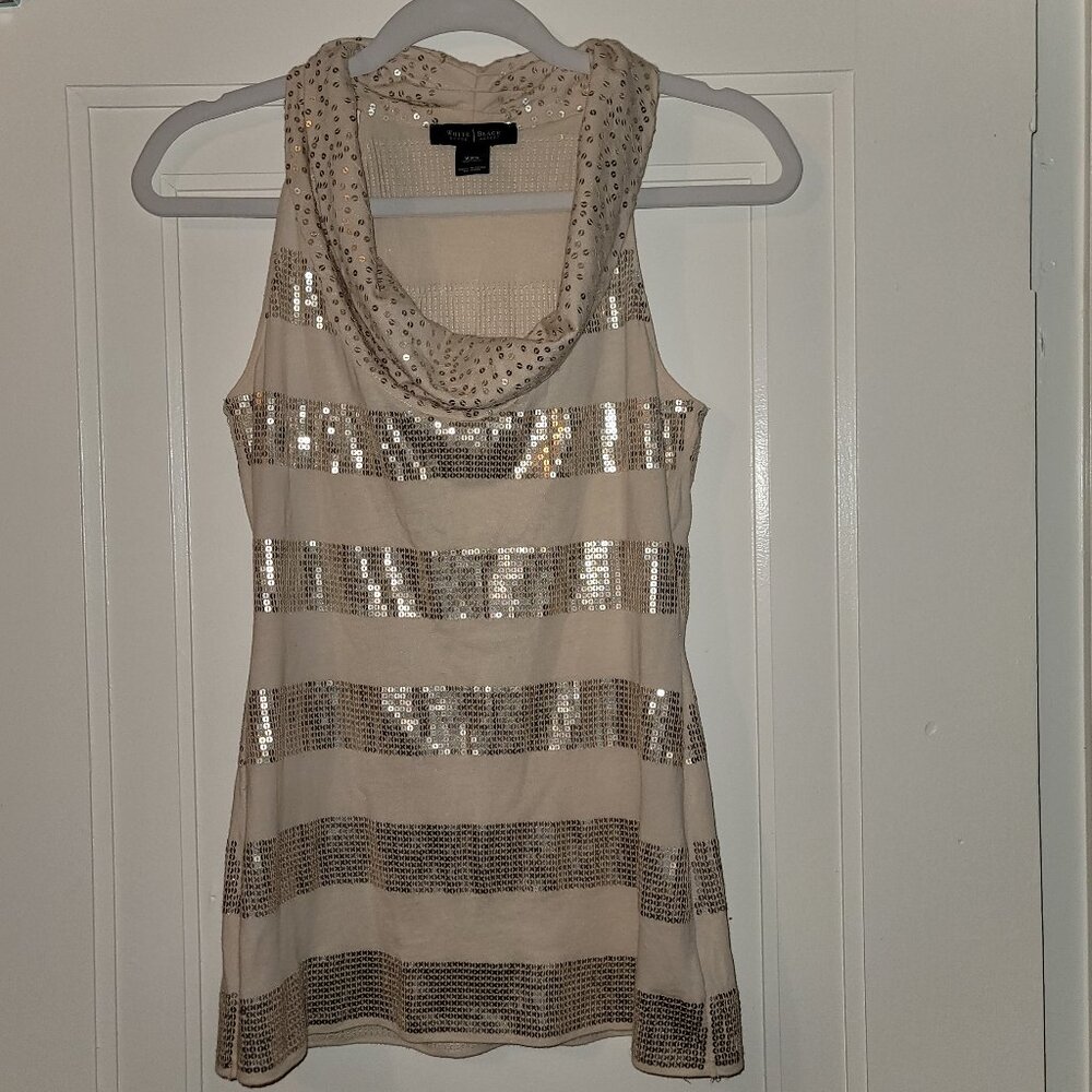 WHITE HOUSE BLACK MARKET Cream Sequin Cowl Neck Sleeveless Top XXS